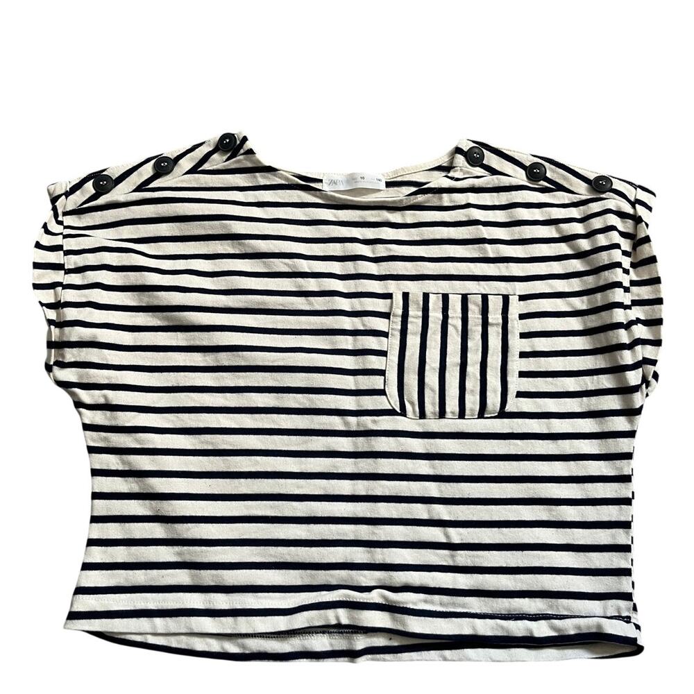 Zara girls cropped boxy striped tee blue and white size 10
